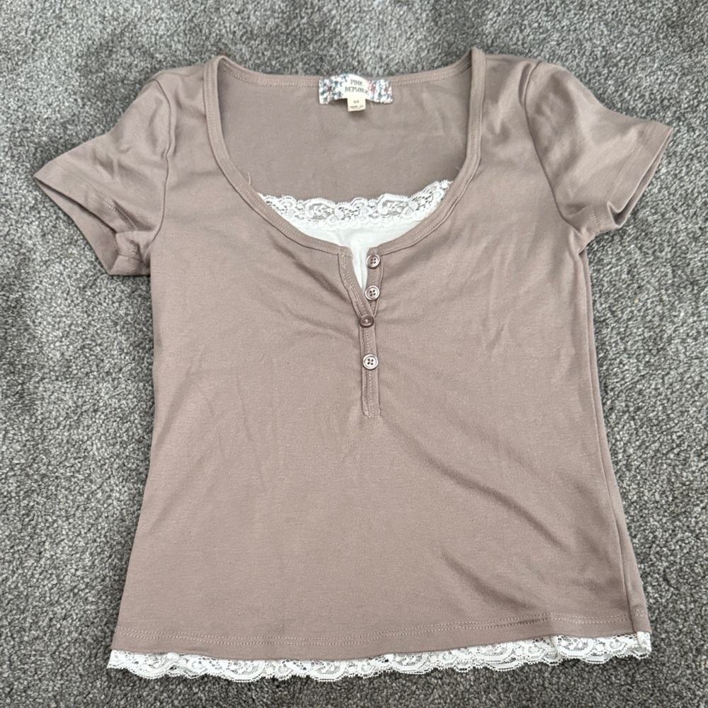Pink Republic Taupe Lace Trim Tee